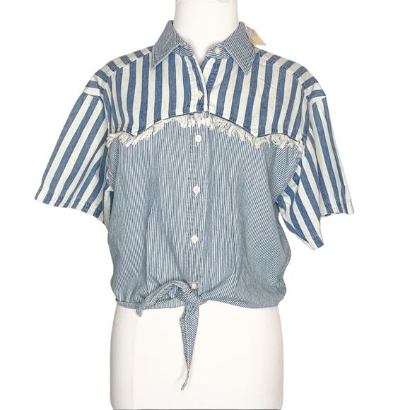 NWT VINTAGE Bonjour striped tie front top fringe - Picture 1 of 5